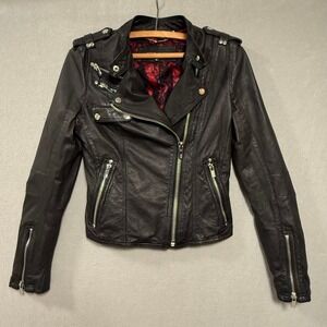 Black Rivet Genuine Leather Moto Zippers Red Lace Edgy Biker Jacket Women‎ XS